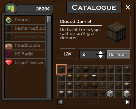 Page d'achats de blocks du catalogue du catalogue NationsGlory avec le ressource pack 32x de Viking Armement